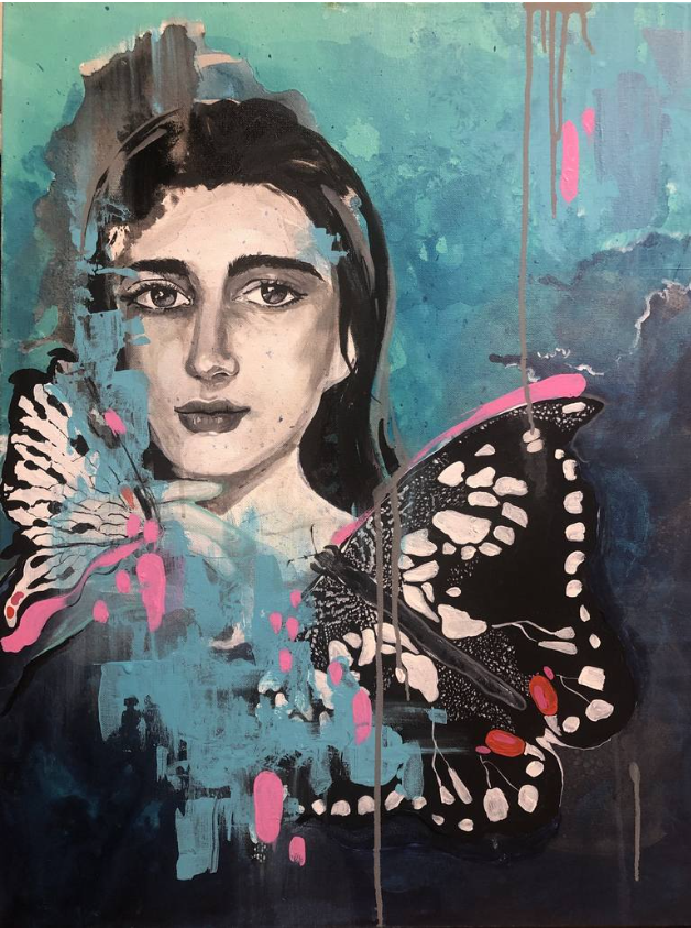 Against a blue background of varying tones the face and neck of a woman with long dark hair is seen gazing at the viewer. The rest of her body is obscured by black and white butterflies which are highlighted by bright blue and pink drips of paint.