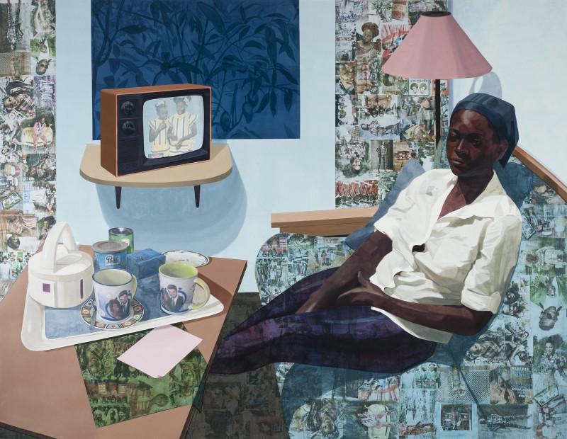 The painting is set in a living room decorated entirely in blue tones, on the coffee table there is a tray with two mugs, an electric kettle, and a few different tins. A small television rests on a windowsill. On the couch, there is a Black woman reclining wearing a white button up, black slacks, and a blue satin bonnet. Her expression is neutral as she looks down and slightly towards the viewer